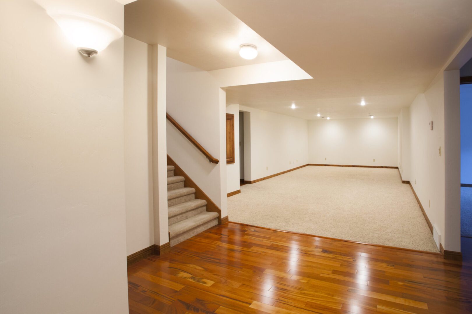 Empty basement with wooden floors and carpeted area under bright lights.