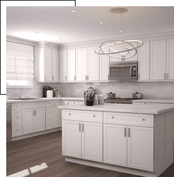 Bright, modern kitchen with white cabinets and a central island.