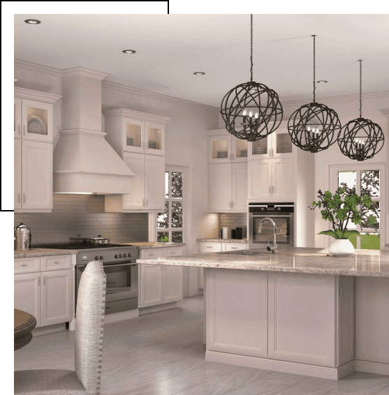 Modern kitchen with pendant lights and a large island.