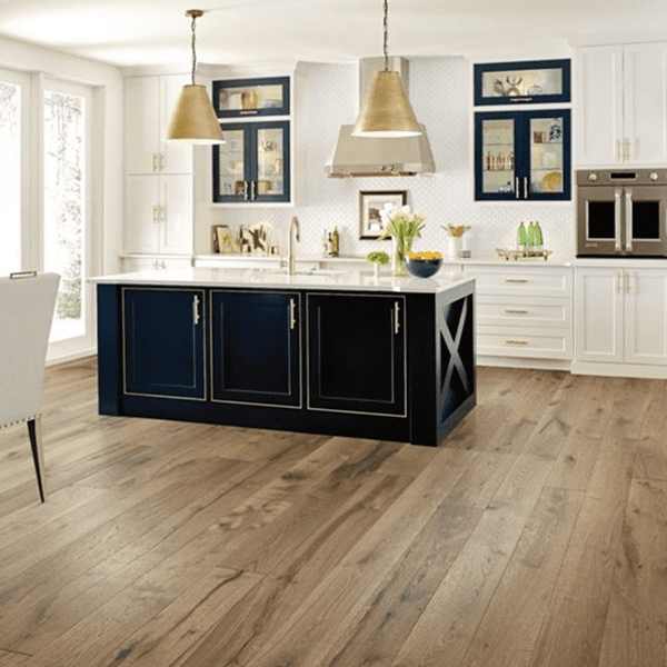 Modern kitchen with navy blue island and wood flooring.