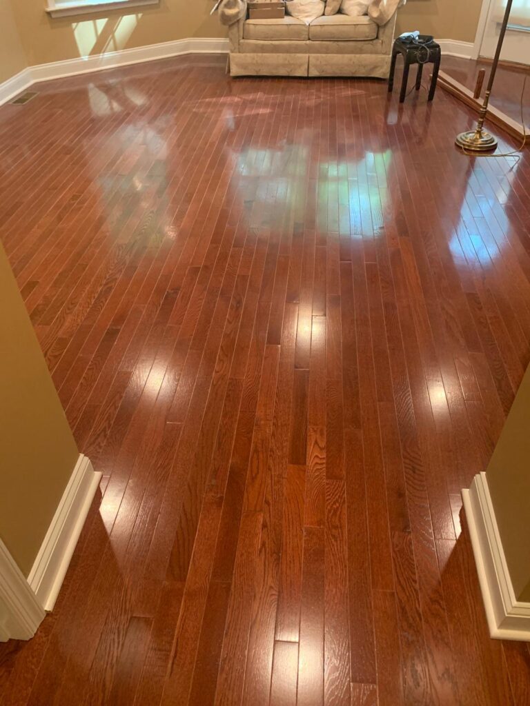 Shiny hardwood floor reflecting light in a hallway.
