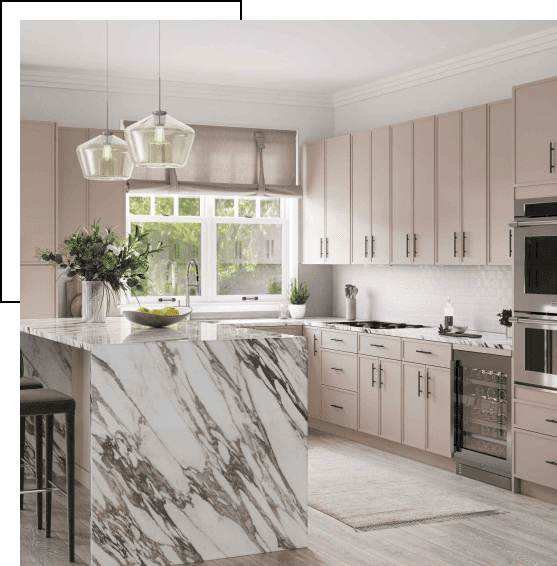 Modern kitchen with marble island and soft beige cabinetry.