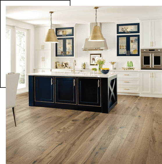 Modern kitchen with navy blue island and wood flooring.
