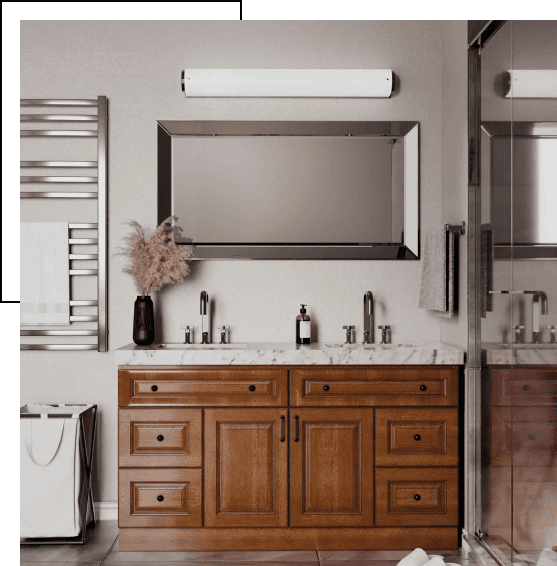 Elegant bathroom vanity with wooden cabinetry and large mirror.