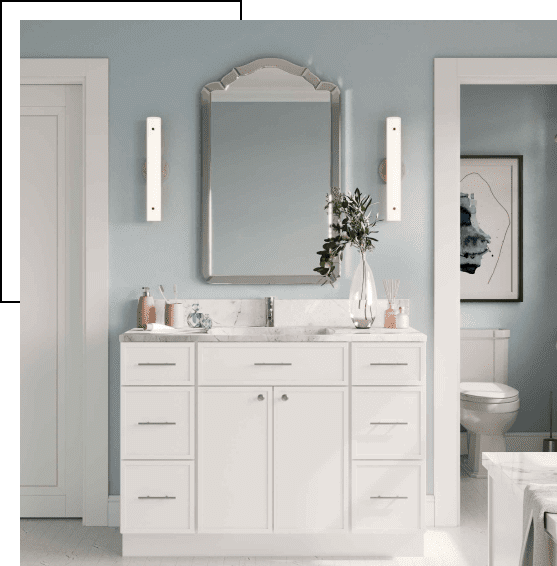 Elegant bathroom with white vanity and large mirror.